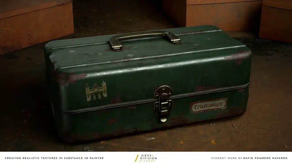 Closed 3D green metal toolbox prop with worn paint, travel decals and a brass latch sitting on a rusty workshop floor