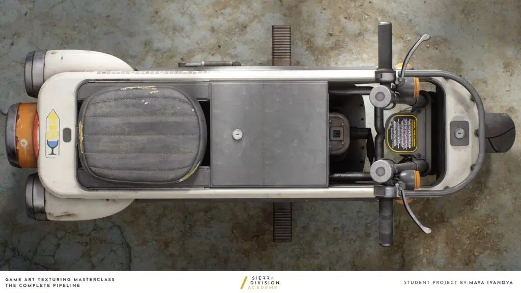 Top-down view of a sci-fi scooter 3D model with weathered seat and metal chassis