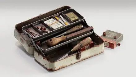 Open metal toolbox 3D render with chisels, cigarettes, a brass lighter and rusty hardware on a light background created with Substance 3D Painter