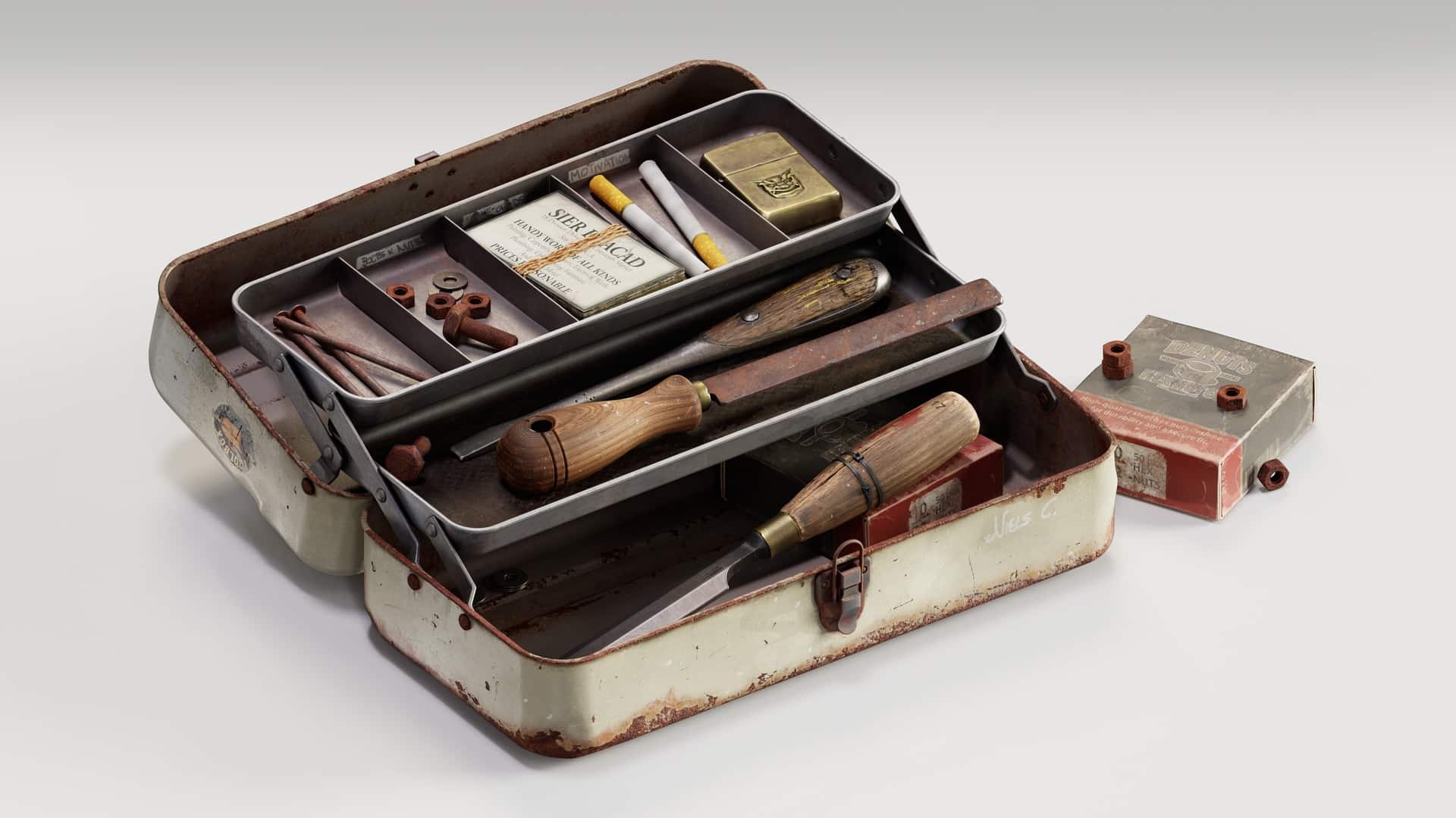 3D render of an old cream metal toolbox opened to show wooden-handled chisels, cigarettes, a brass lighter and rusty hardware, with realistic worn prop texturing