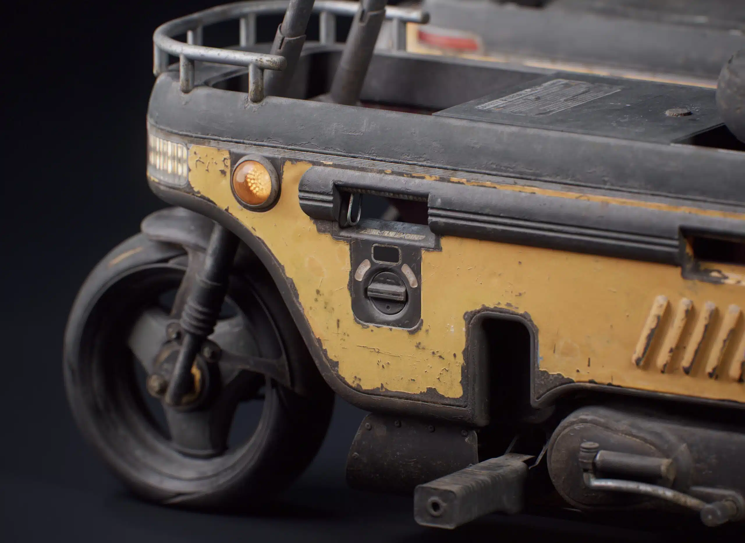 Side view of a yellow sci-fi scooter 3D model showcasing hard surface modeling on exhaust thrusters and realistic texturing
