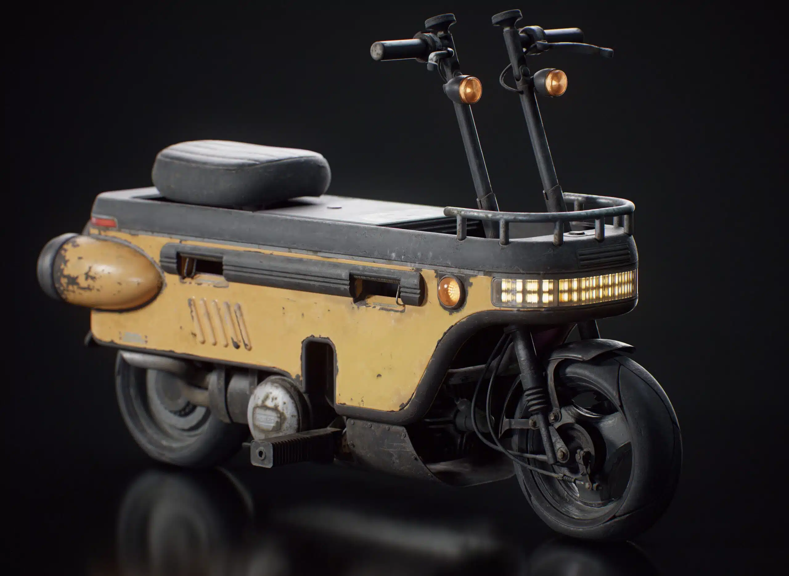 Hard surface 3D modeling and texturing of a yellow sci-fi scooter vehicle