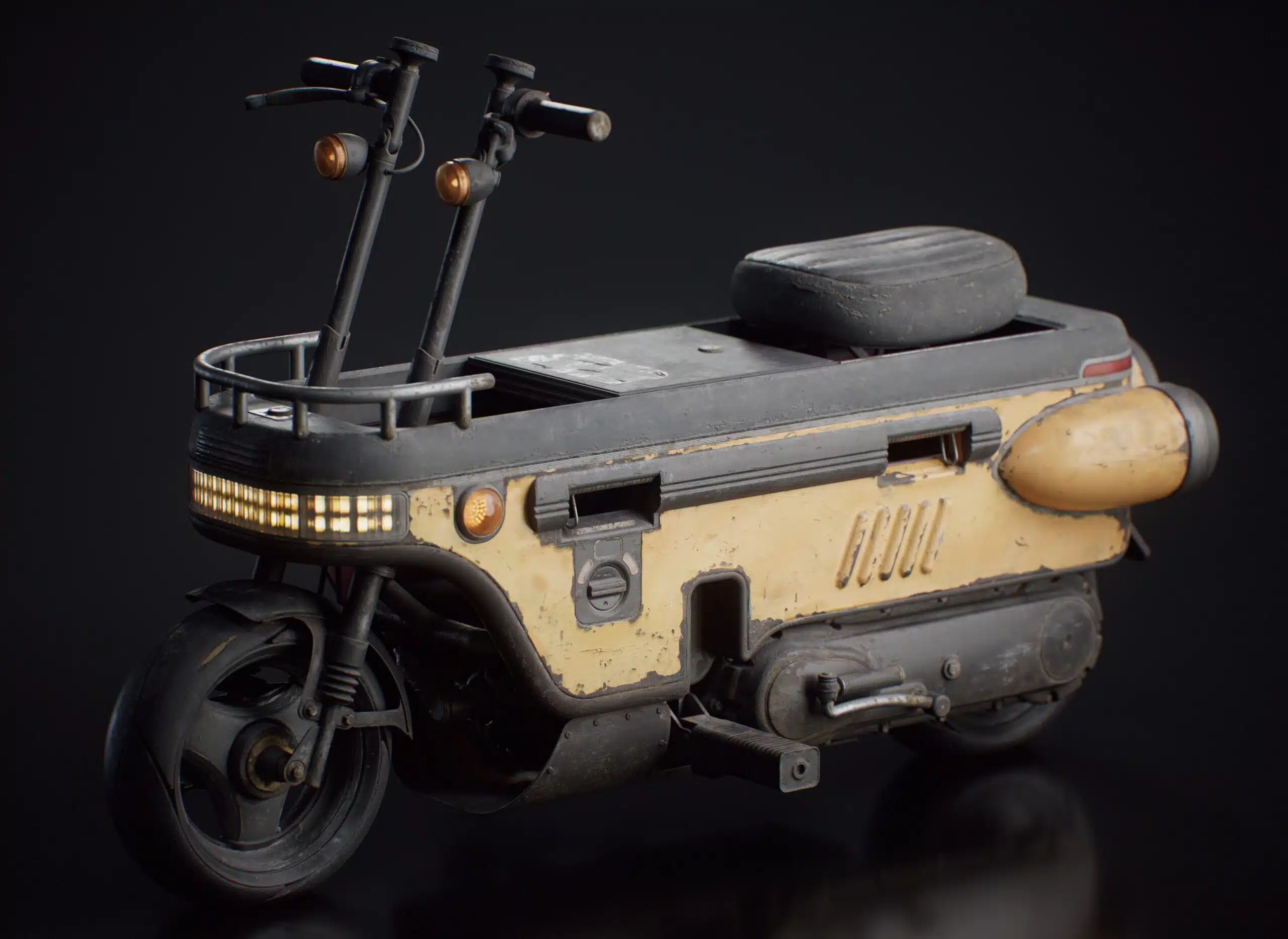 3D model render of a detailed weathered yellow and black sci-fi scooter