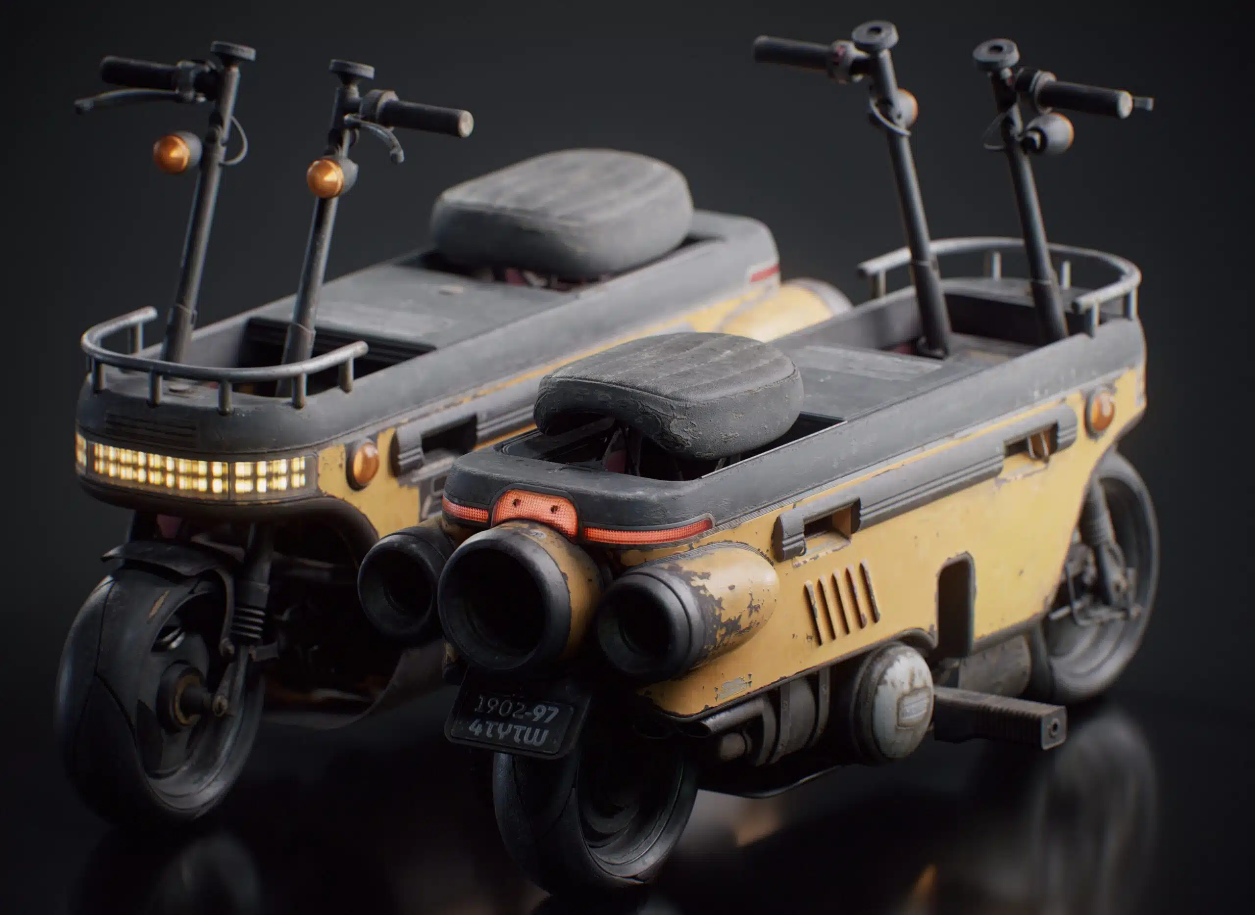 Hard surface 3D modeling of two yellow sci-fi utility scooters showcasing realistic texturing, weathering effects, and studio lighting