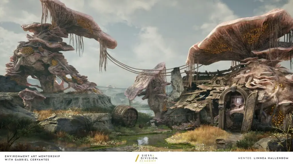 3D environment with giant organic modeled mushroom structures and a wooden cottage with weathered textures