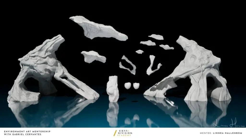 High-poly clay render of stylized organic tree roots and platforms showcasing modular asset sculpting for 3D environment art