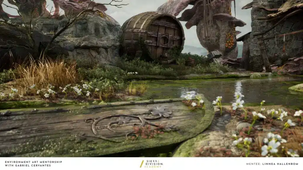 3D environment of a giant wooden barrel and carved wooden door prop beside a pond amongst organic foliage