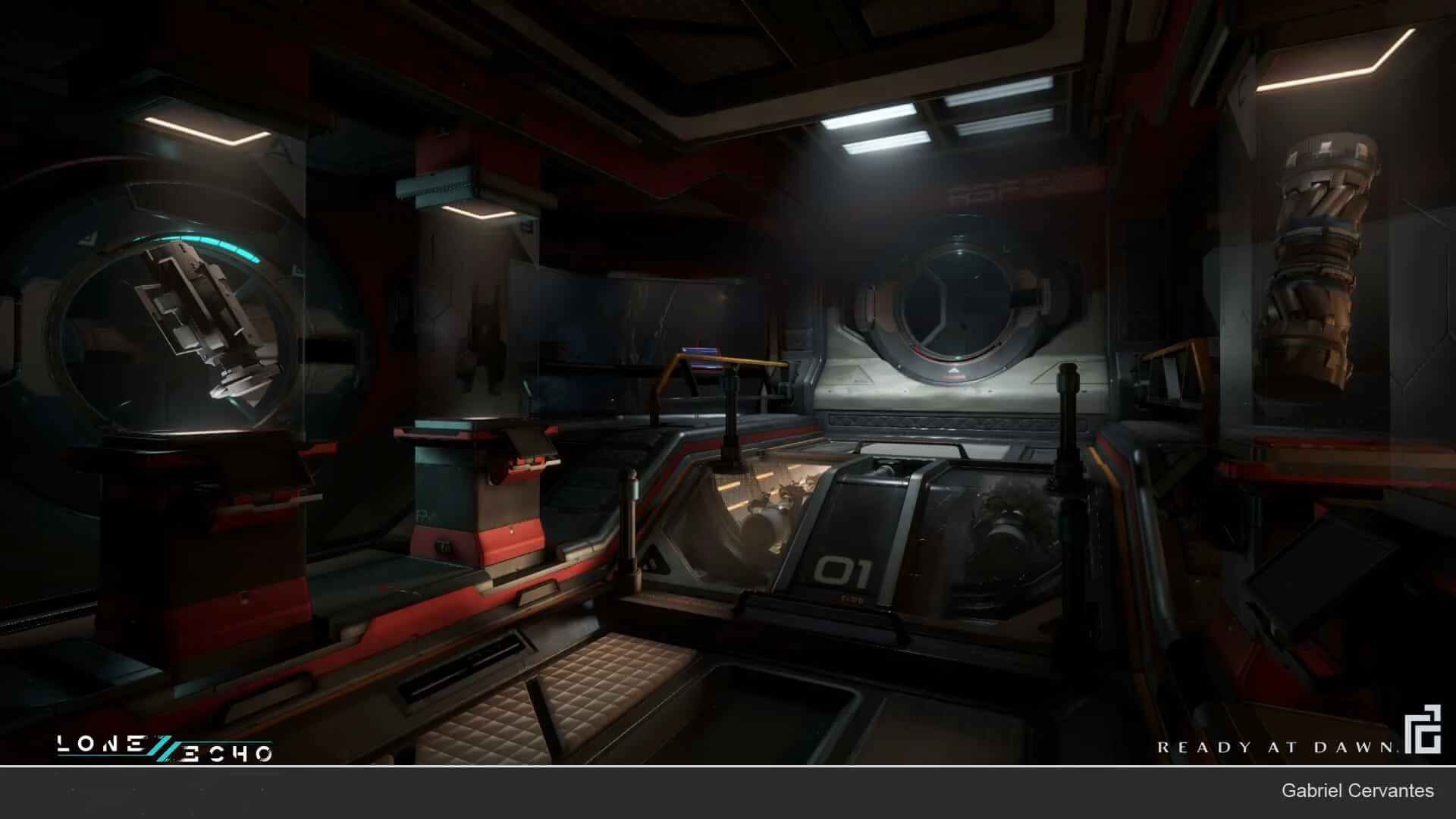Futuristic sci-fi environment art interior with a round airlock and equipment displays