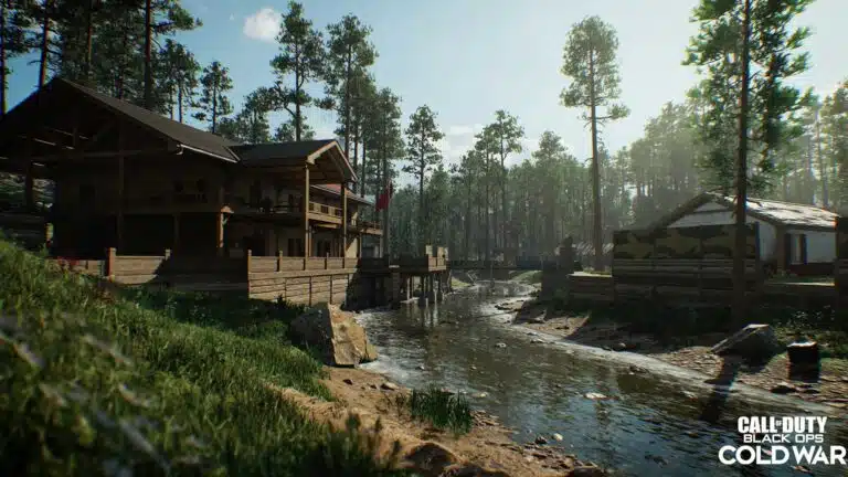 Forest 3D level design from Call of Duty: Black Ops Cold War, with a riverside lodge, cabins and detailed terrain and water flowing in the environment