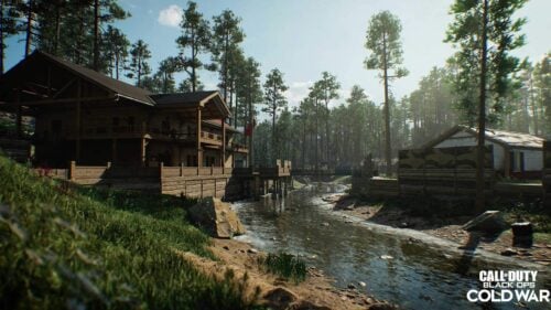 Forest 3D level design from Call of Duty: Black Ops Cold War, with a riverside lodge, cabins and detailed terrain and water flowing in the environment