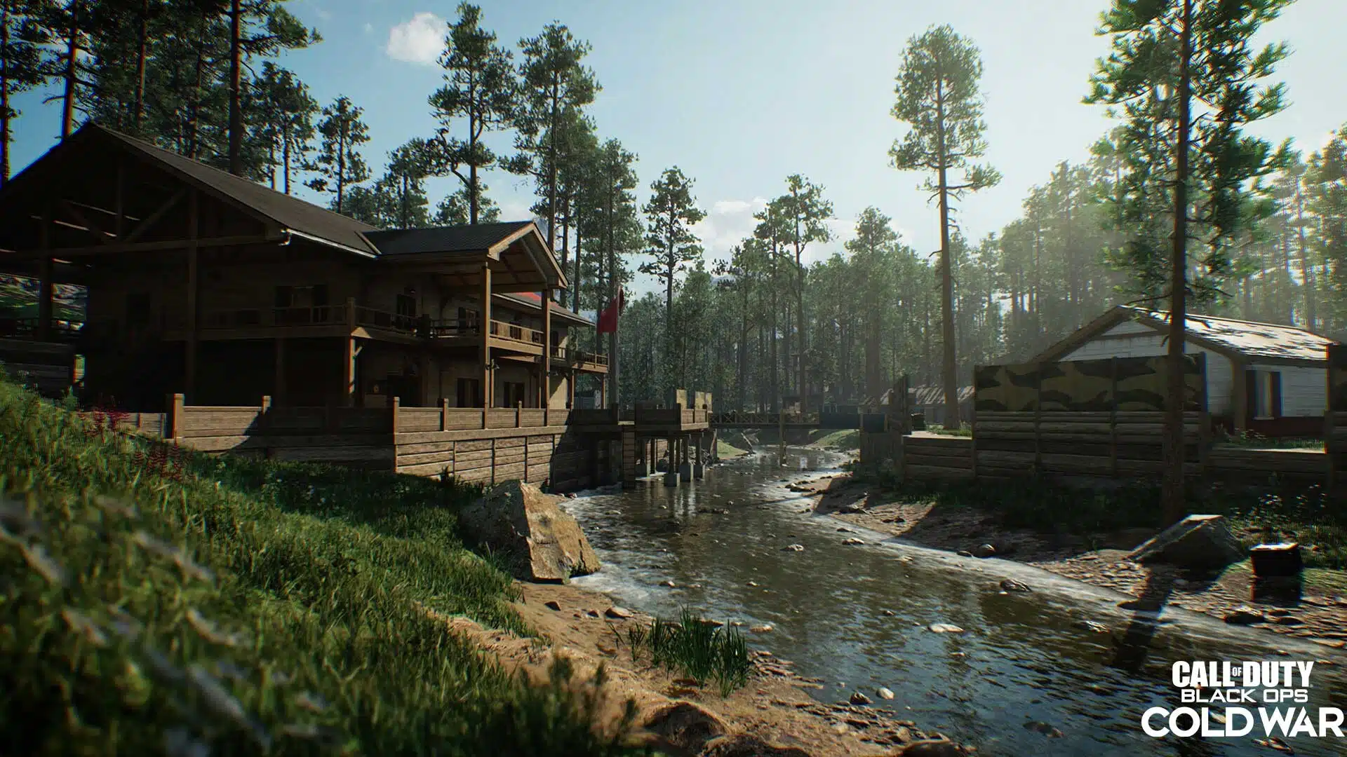 Forest 3D level design from Call of Duty: Black Ops Cold War, with a riverside lodge, cabins and detailed terrain and water flowing in the environment