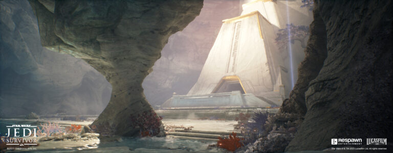 Game environment sculpting demonstrating rocky terrain textures, purple trees, and a stone obelisk prop in a canyon setting from Star Wars Jedi Survivor