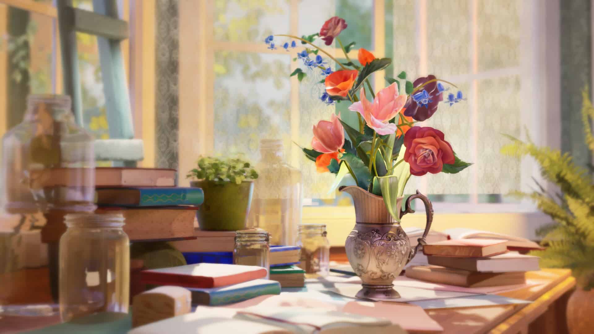3D model of a floral bouquet in a metal pitcher on a desk in a room environment