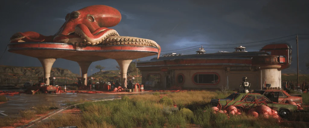 Modular environment creation featuring a retro gas station with a giant red octopus on the roof