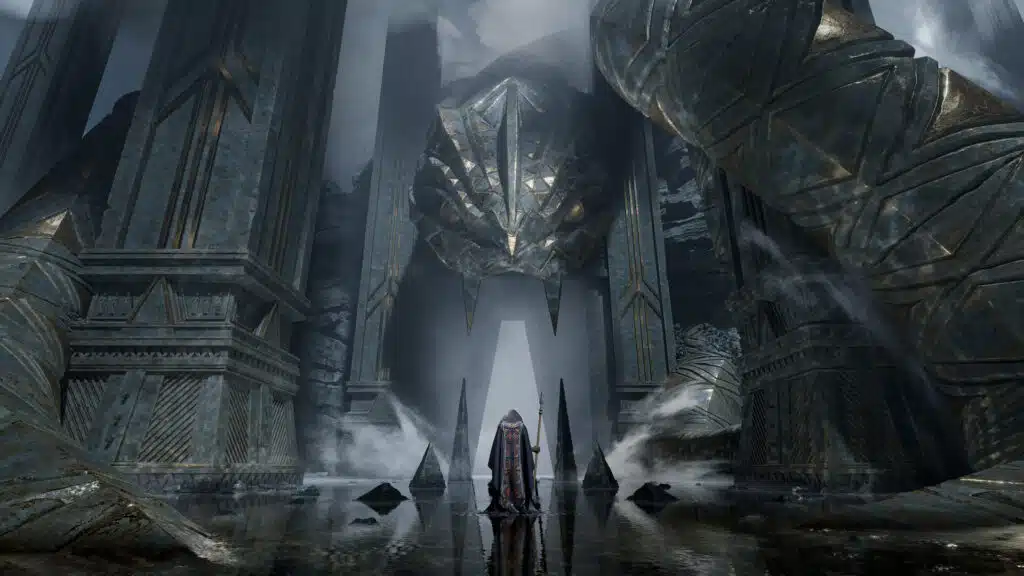 Man standing at the gates of a 3D snake stone structure