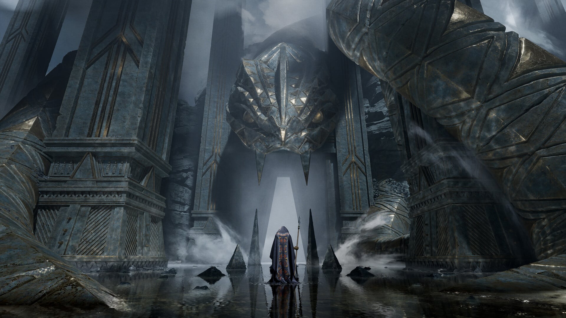 Man standing at the gates of a 3D snake stone structure