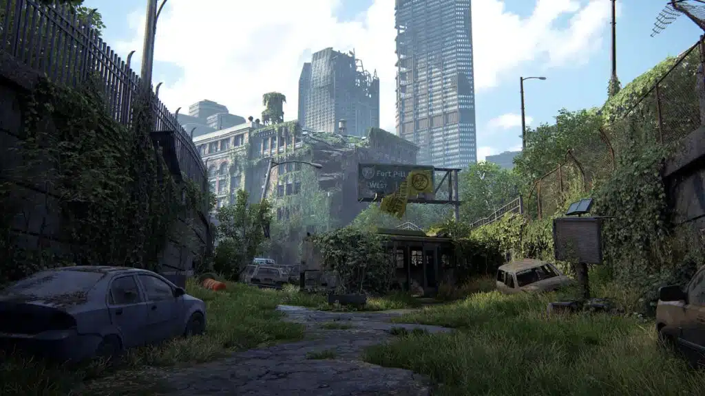 Professional 3D game environment art of an overgrown post-apocalyptic city street with abandoned vehicles from The Last of Us Part I showcasing environmental storytelling and foliage texturing.