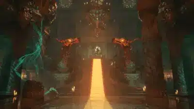 Glowing staircase leading up to a throne room flanked by dragon statues in a grand hall, lighting art mentorship